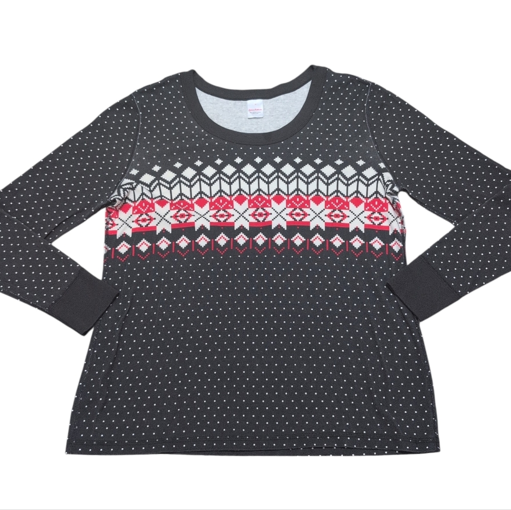 Hanna Andersson‎ Pajama Long Sleeve Top Black Red Snowflake Fair Isle Print XL